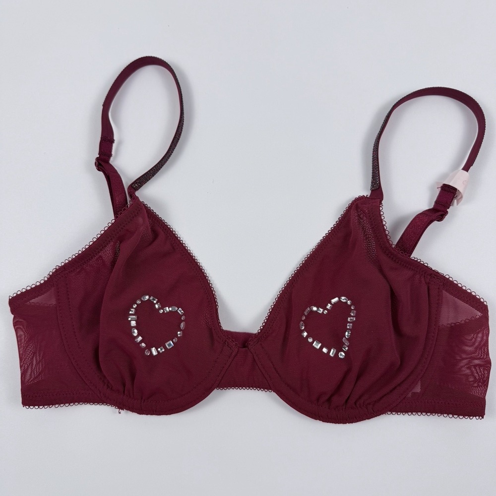 Victoria's Secret Very Sexy Burgundy Sheer Rhinestone Heart Demi Bra 38D NWT
